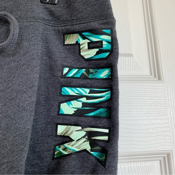 Grey Drawstring Fleece Terry Shorts with Green Palm Print Logo Graphic - Picture 2 of 10